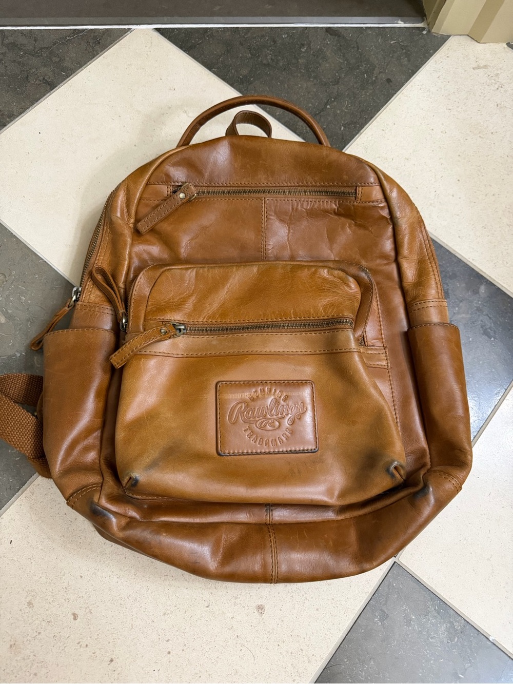 Genuine Vintage Leather Men's or Women's Backpack, Rawlings Brand, TAN